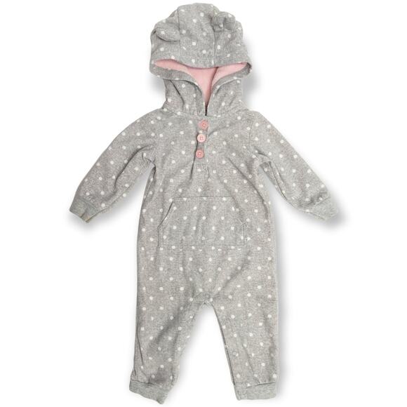 Carter's Baby Girl's Hooded Fleece Jumpsuit Fox Heather Gray Polka Dot Size 9 - Picture 1 of 6
